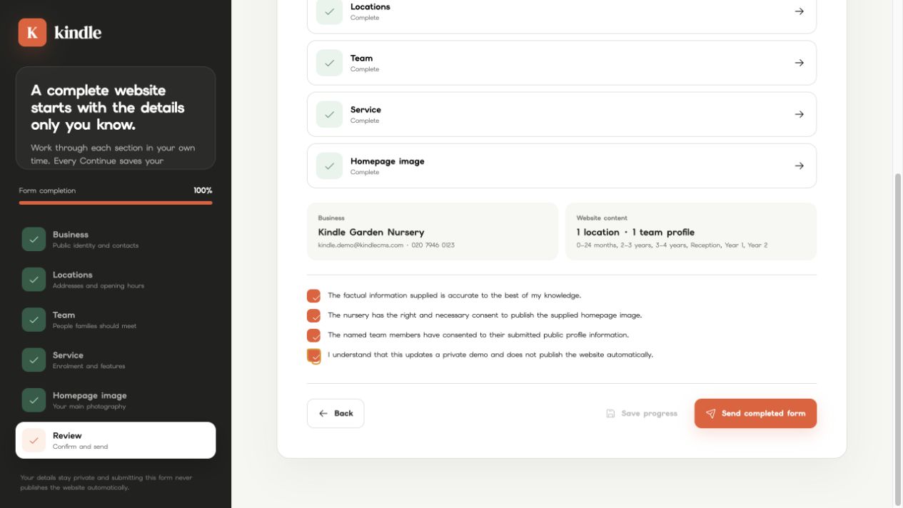 KindleCMS guided business onboarding form at one hundred percent completion